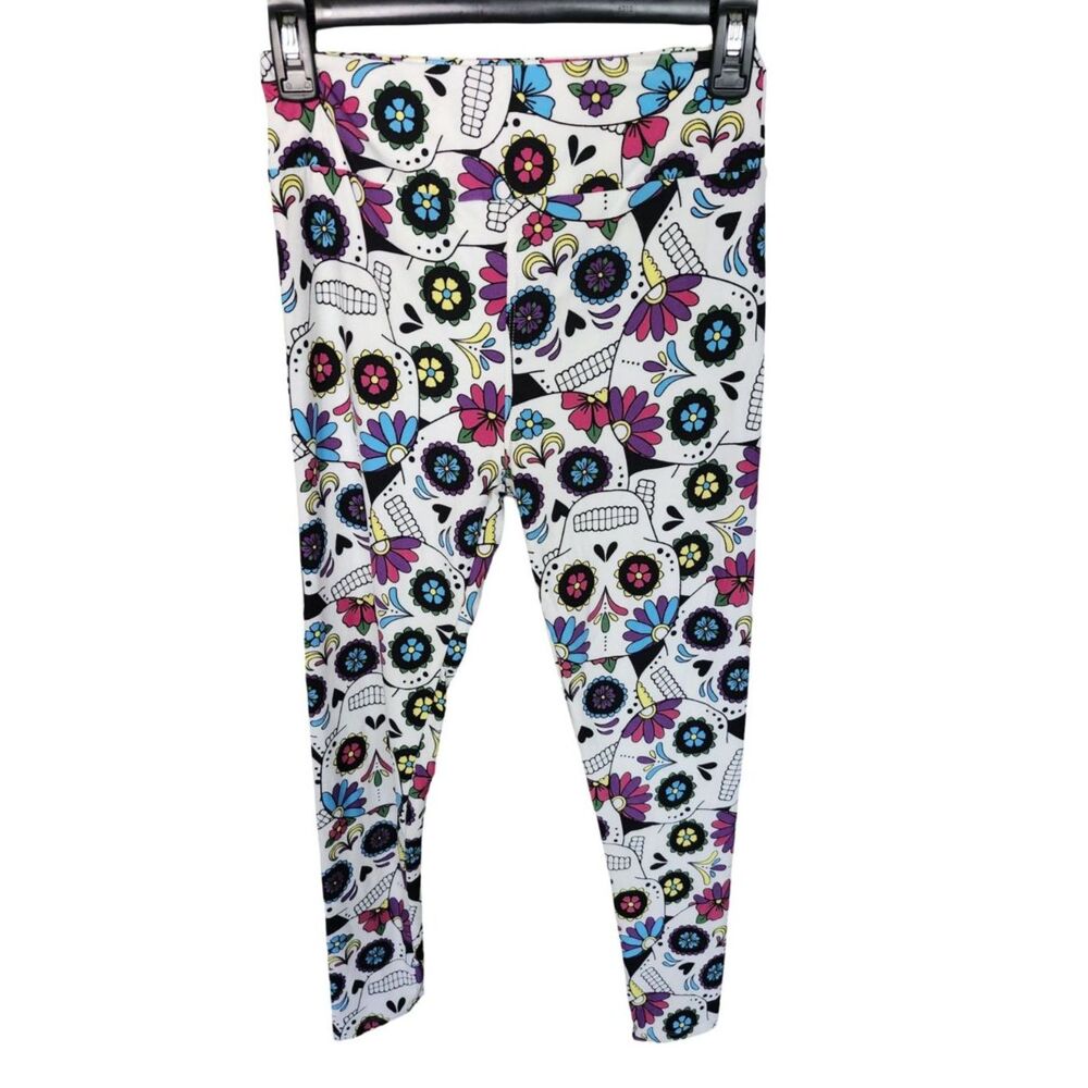 LuLaRoe OS Leggings White Floral Sugar Skull Dia De Los Muertos Halloween Goth